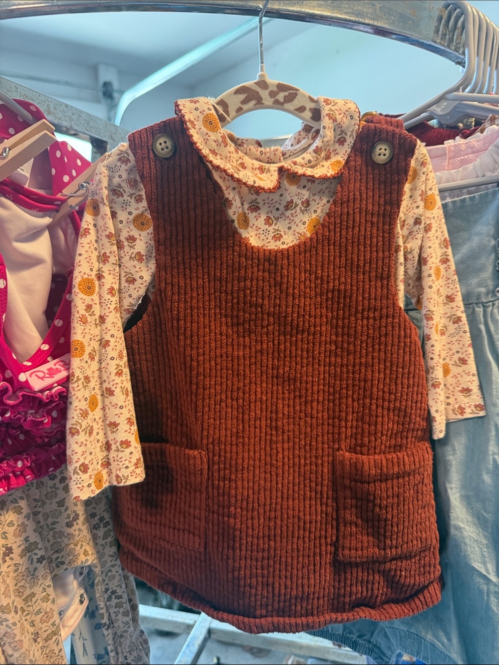 Girls Brown Corduroy Pinafore Dress with Floral Blouse.